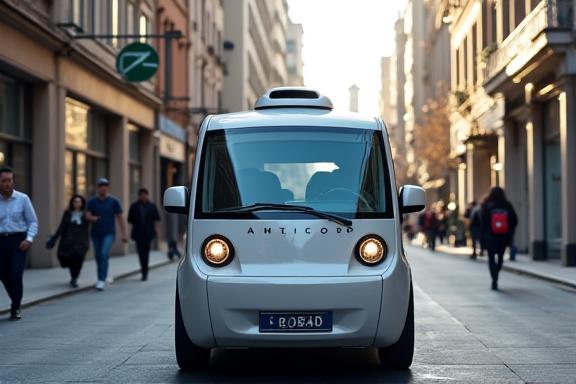 Autonomous delivery vehicle on a city street.