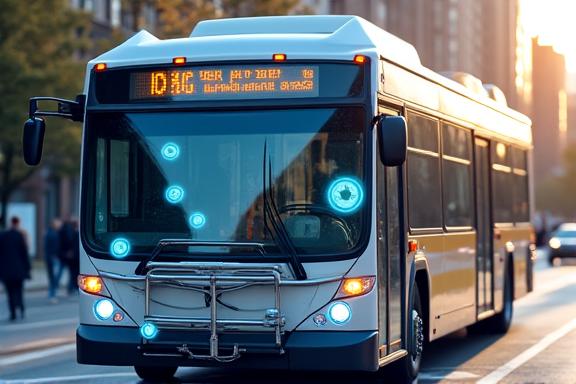 A modern public bus with ADAS sensors highlighted.