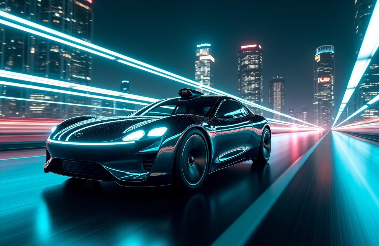 A sleek autonomous car driving through a futuristic smart city with data overlays.