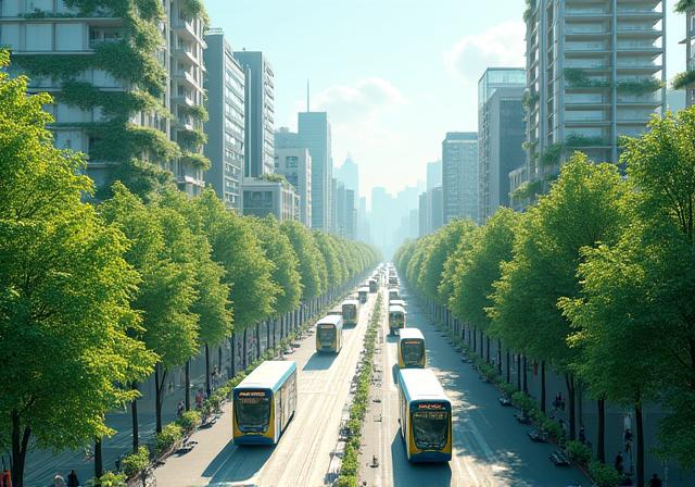A vibrant green city with clean energy transportation and lush parks.